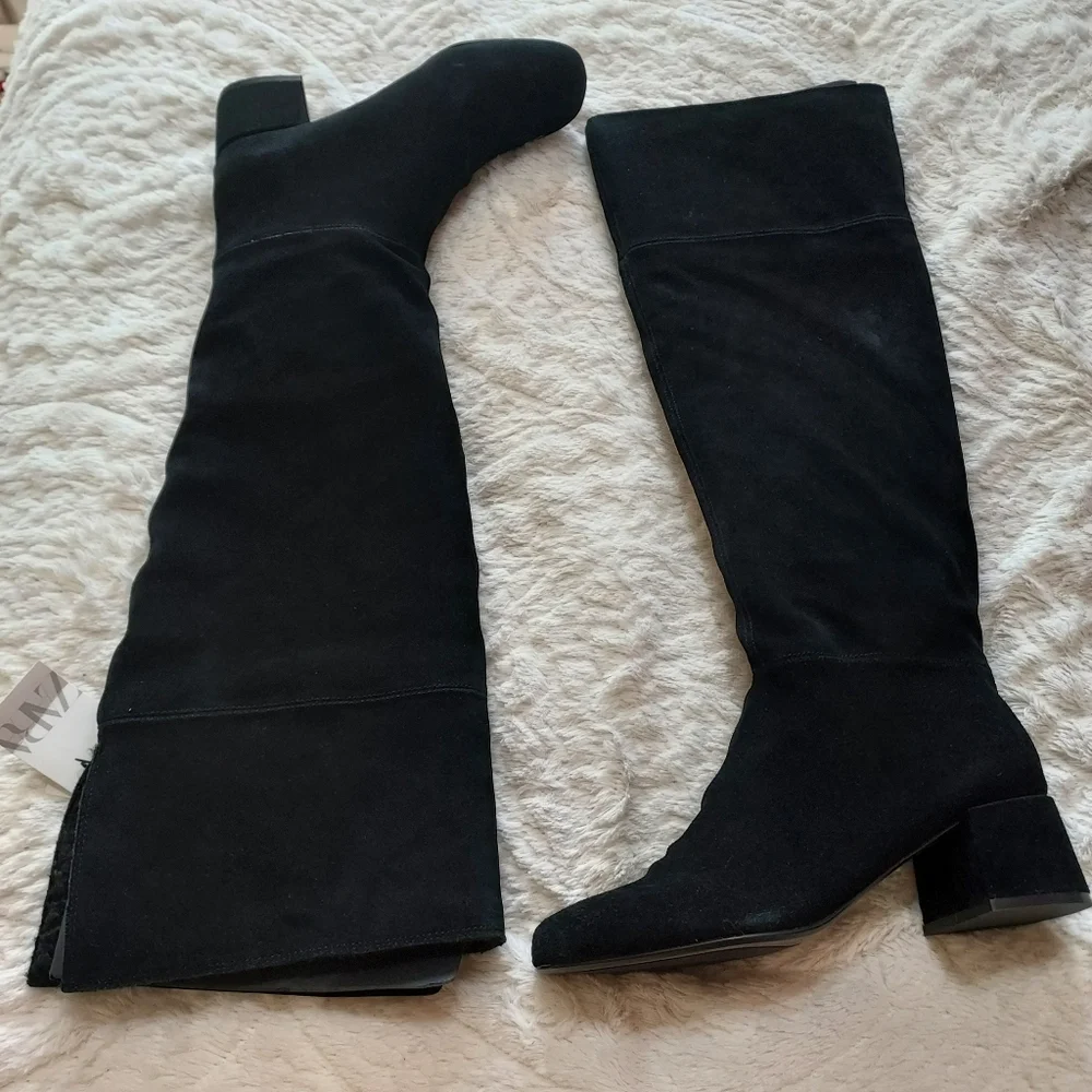 Zara Heeled Leather Suede Knee High Boots Fleece Lining Sz 9/40